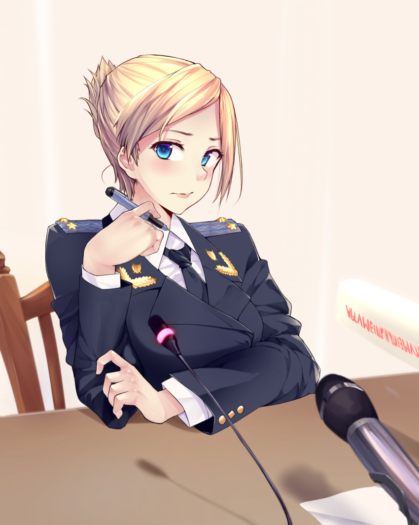 blonde_hair blue_eyes blush bonkiru commentary_request epaulettes female highres microphone military military_uniform natalia_poklonskaya necktie pen real_life republic_of_crimea russia short_hair solo uniform white_background