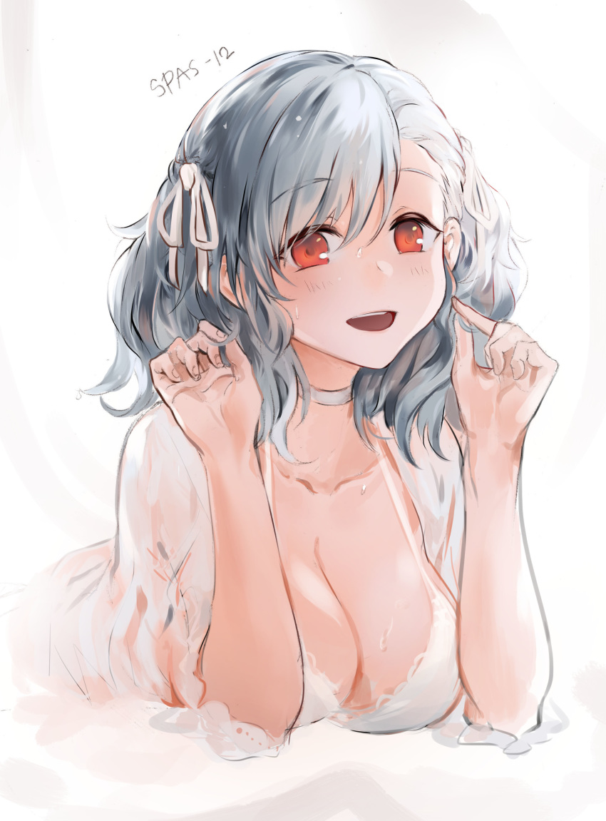 absurdres bangs blush bow bra breasts character_name cleavage collarbone commentary_request dress elbow_rest eyebrows_visible_through_hair girls_frontline hair_grab hair_ribbon hairbow highres large_breasts long_hair looking_at_viewer lying on_stomach open_mouth red_eyes ribbon silver_hair simple_background snowru solo spas-12_(girls_frontline) twintails underwear upper_body white_bow white_bra white_dress