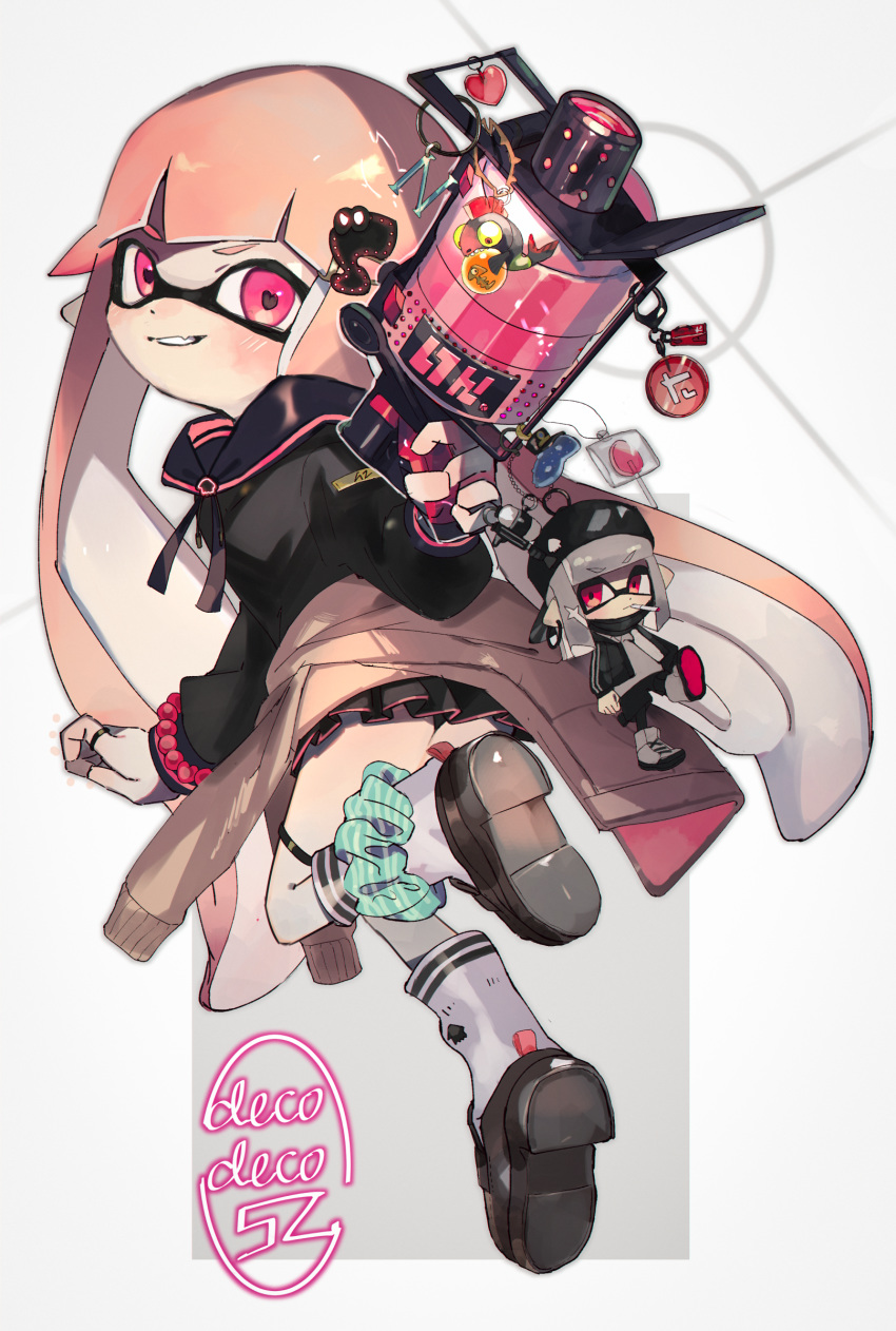 .52_gal_(splatoon) ankle_scrunchie bad_id bad_pixiv_id bead_bracelet beads beanie black_hat black_jacket black_ribbon black_scarf black_shirt black_shorts black_skirt blouse blunt_bangs bracelet brown_footwear candy character_doll cigarette clothes_around_waist commentary double_horizontal_stripe earrings emblem english_text female food from_side full_body golden_egg green_scrunchie grey_footwear grey_hair grey_shirt grin hair_ornament hat heart heart-shaped_pupils highres holding holding_weapon inkling inkling_(language) inkling_girl inkling_player_character jacket jellyfish_(splatoon) jewelry leaning_forward leg_up letter light_blush loafers logo lollipop long_hair long_sleeves looking_at_viewer looking_back miniskirt neck_ribbon octoshot_(splatoon) oerba_yun_fang open_clothes open_jacket pink_eyes pink_hair pleated_skirt pointy_ears print_socks red_eyes ribbon ring sailor_collar salmonid scarf scrunchie shirt shoes shorts skin_fang skirt smile socks solo splatoon_(series) splatoon_2 squid standing standing_on_one_leg symbol-shaped_pupils tentacle_hair thighlet unitoon weapon white_socks