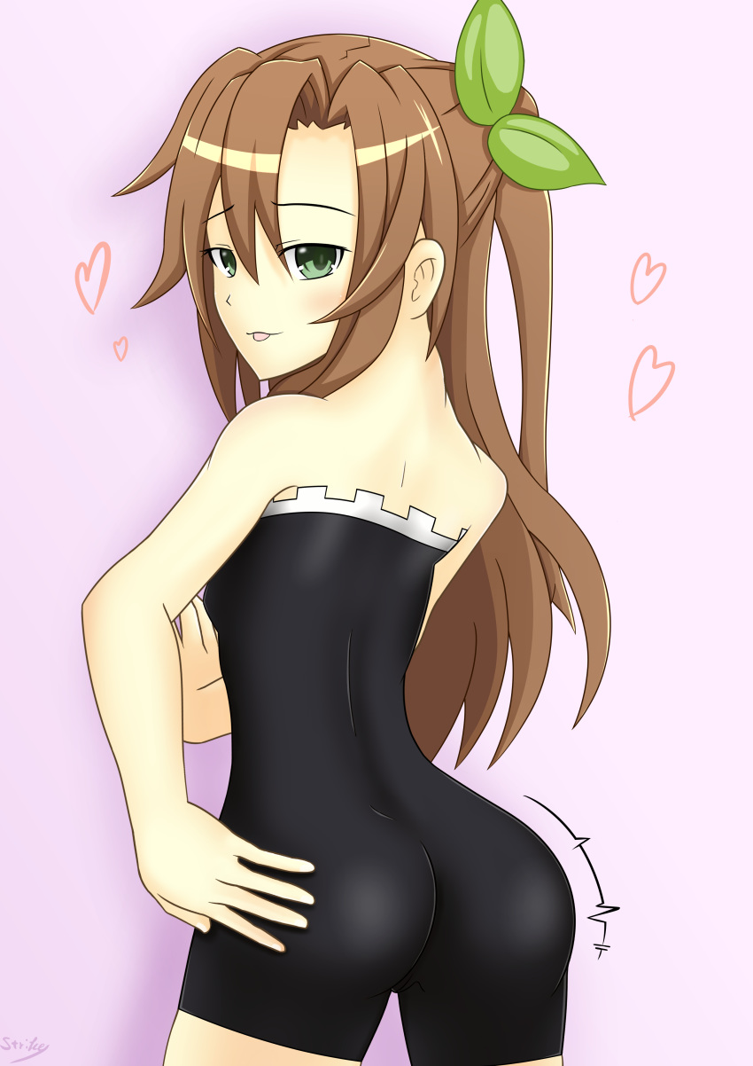 absurdres against_wall artist_request ass backless_outfit bare_shoulders blush breasts brown_hair choujigen_game_neptune compile_heart female from_behind green_eyes hair_ornament hand_on_ass heart highres if_(neptune_series) jiggle long_hair looking_at_viewer looking_back neptune_(series) shiny shiny_clothes shiny_hair shiny_skin sideboob small_breasts smile solo tongue tongue_out unitard