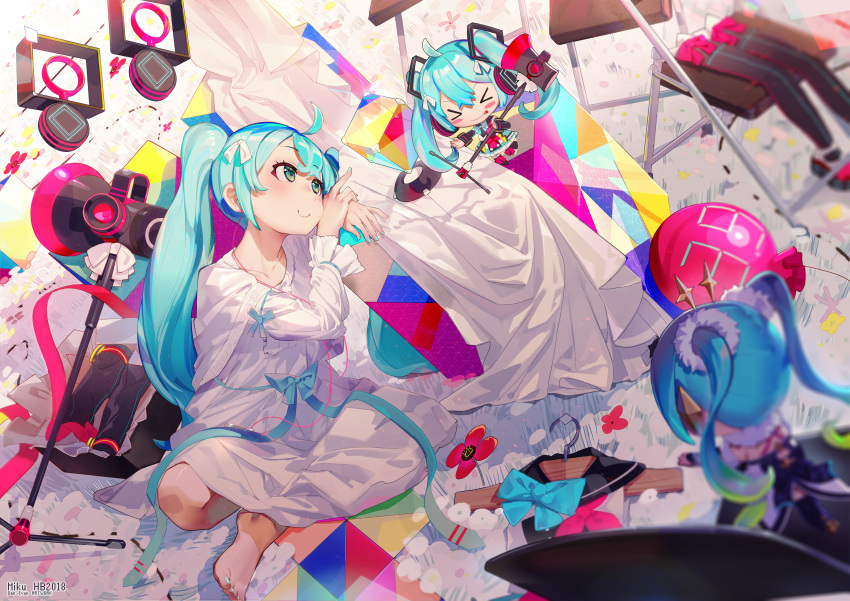 >_< 39 3girls absurdres balloon blue_eyes blue_hair blue_nails blush blush_stickers chair chibi clothes clothes_hanger dan_evan earbuds earphones facing_away fingernails goodsmile_racing hatsune_miku headphones highres long_hair looking_at_another magical_mirai_(vocaloid) magical_mirai_miku magical_mirai_miku_(2018) mini_person minigirl multiple_girls multiple_persona nail_polish photoshop_(medium) racing_miku racing_miku_(2018) school_uniform serafuku sitting smile toenail_polish toenails twintails unworn_legwear very_long_hair vocaloid