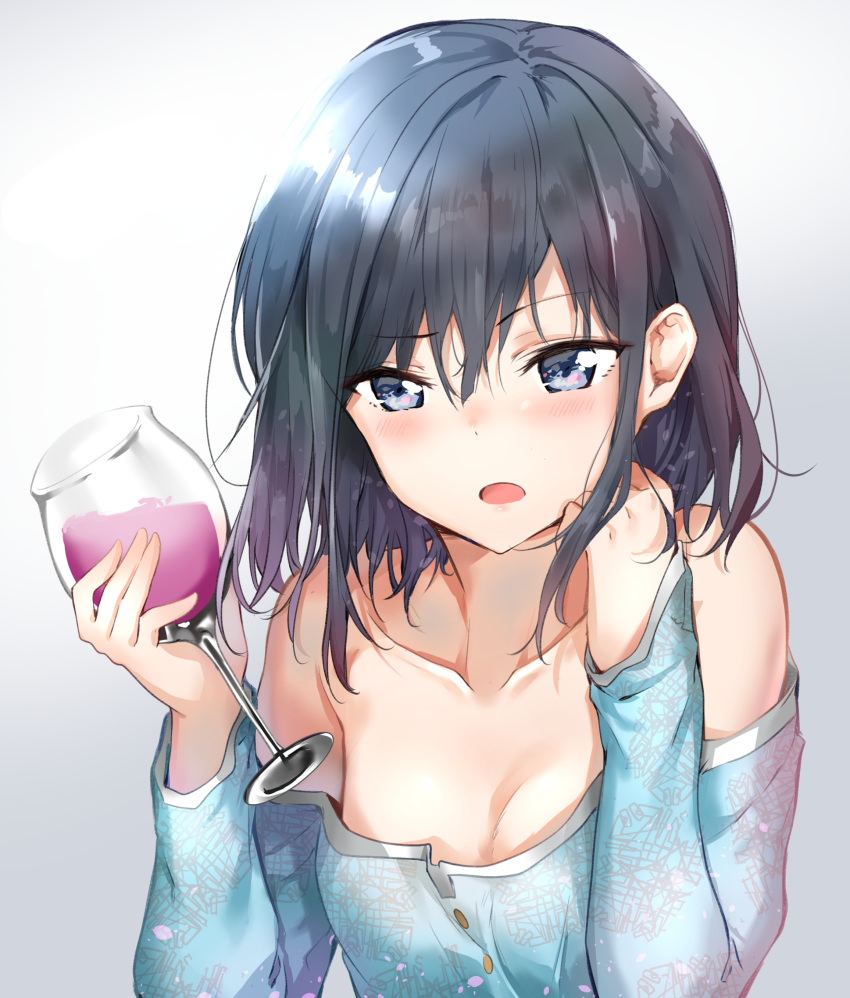 absurdres adagaki_aki alcohol bare_shoulders black_hair blue_eyes blue_shirt blush breasts collarbone commentary_request cup drinking_glass female hair_between_eyes head_rest highres holding holding_cup long_sleeves looking_at_viewer masamune-kun_no_revenge medium_breasts medium_hair off_shoulder open_mouth raised_eyebrow shirt sunhyun upper_body wine wine_glass