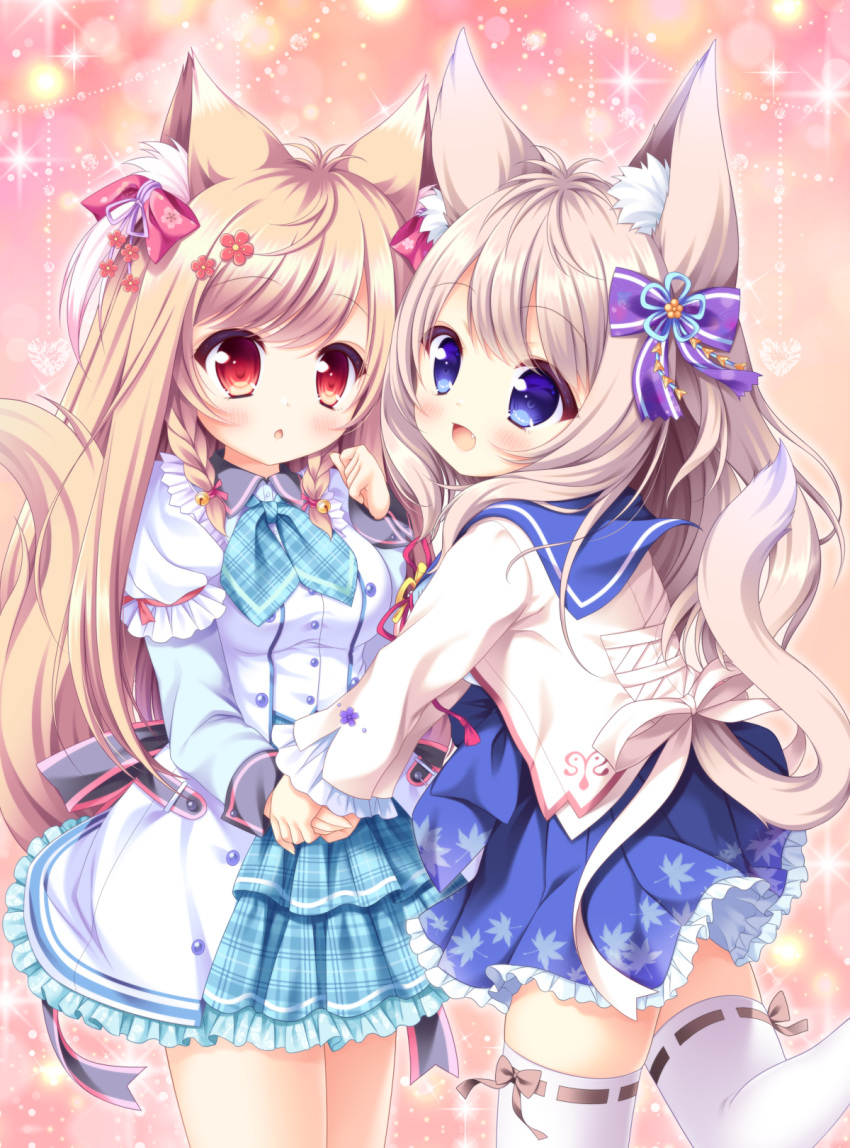 2girls :d animal_ear_fluff animal_ears bell blue_eyes blue_neckwear blue_sailor_collar blue_skirt blush bow brown_hair chestnut_mouth commentary_request crossover dress flower fox_ears fox_girl fox_tail frilled_dress frilled_skirt frills hair_bell hair_flower hair_ornament hairbow highres holding_hands jingle_bell kinari_momiji light_brown_hair long_hair long_sleeves looking_at_viewer looking_back lump_of_sugar mito_kohaku multiple_girls oerba_yun_fang open_mouth parted_lips plaid_neckwear pleated_skirt purple_bow red_bow red_eyes red_flower ribbon-trimmed_legwear ribbon_trim ryuuka_sane sailor_collar shirt skirt smile standing standing_on_one_leg tail tail_raised tayutama_2 thighhighs very_long_hair white_dress white_legwear white_shirt white_thighhighs yorite_konoha_wa_kurenai_ni