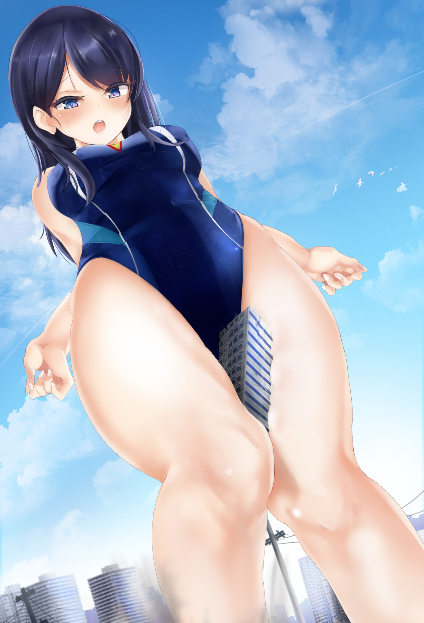 absurdres alicemagic bad_id bad_pixiv_id between_thighs black_hair blue_eyes blue_one-piece_swimsuit blush breasts building city competition_swimsuit crushing destruction female fingernails giant giantess gridman_universe highres knees_together_feet_apart long_hair looking_down medium_breasts one-piece_swimsuit open_mouth outdoors power_lines saliva sidelocks size_difference skindentation solo ssss.gridman standing swimsuit takarada_rikka thighs tongue underbust upper_body