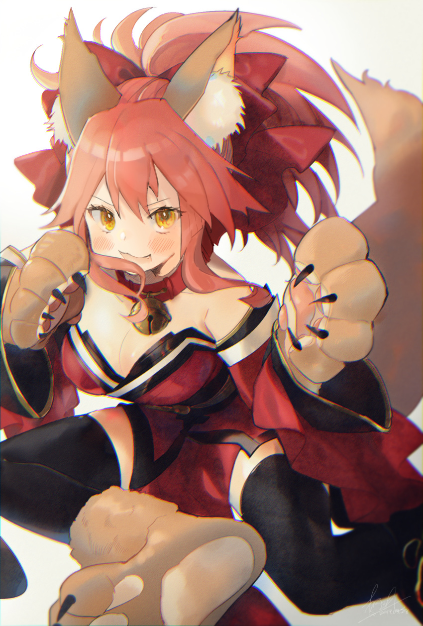 animal_ear_fluff animal_ears animal_hands bell belt_collar black_thighhighs blush bow breasts cleavage collar commentary_request detached_sleeves dress fate/grand_order fate_(series) female fox_ears fox_girl fox_tail gloves hairbow highres japanese_clothes kimono looking_at_viewer medium_breasts neck_bell nishikiya oerba_yun_fang open_mouth paw_gloves paw_shoes pink_hair ponytail red_bow red_collar red_kimono sash short_kimono simple_background sleeveless sleeveless_dress sleeveless_kimono smile solo tail tamamo_(fate) tamamo_cat_(fate) tamamo_cat_(first_ascension)_(fate) thighhighs white_background wide_sleeves yellow_eyes