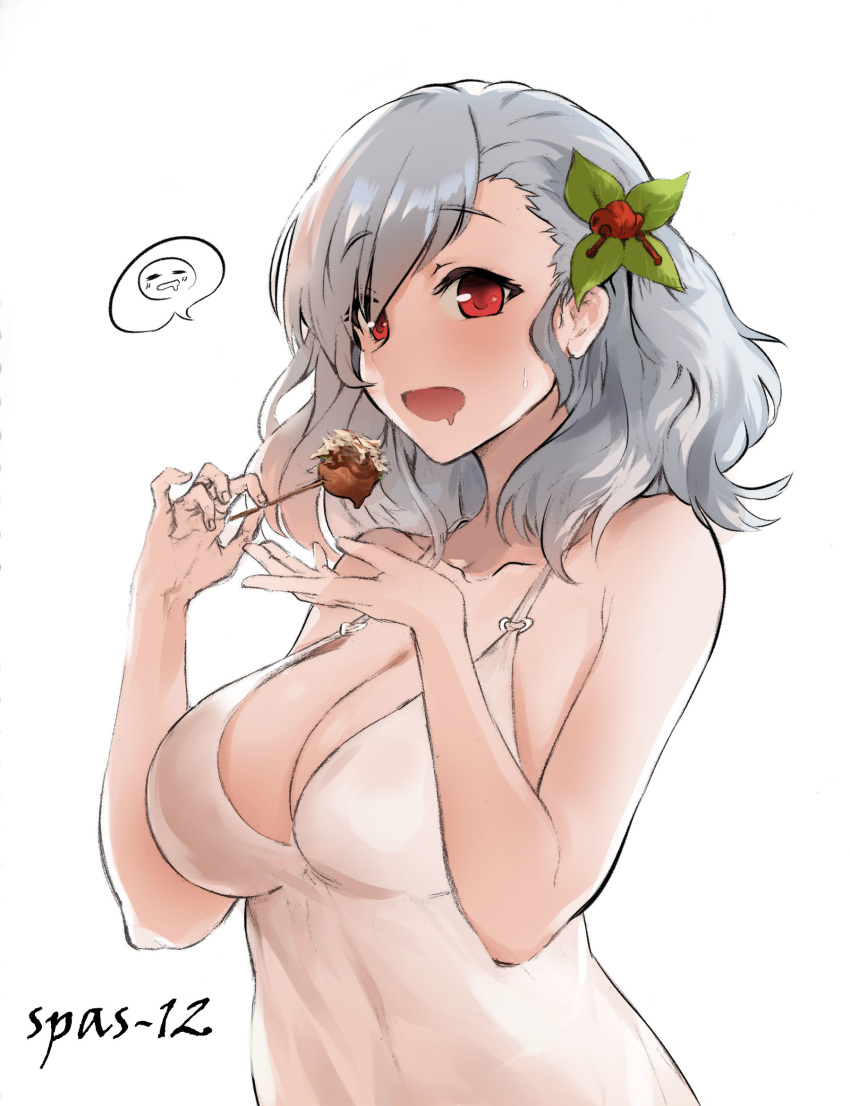 bangs bare_shoulders black_ribbon blush breasts character_name cleavage collarbone commentary dress drooling eyebrows_visible_through_hair food girls_frontline hair_between_eyes hair_ribbon highres large_breasts long_hair looking_at_viewer open_mouth red_eyes ribbon see-through silver_hair simple_background snowru solo spas-12_(girls_frontline) speech_bubble twintails upper_body white_dress