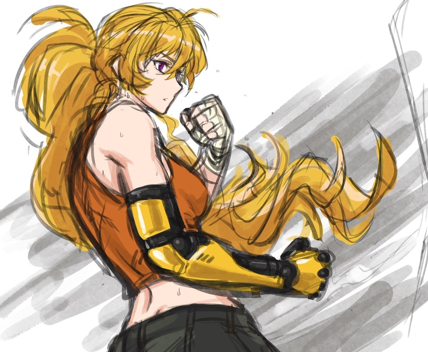 amputee bandage bandaged_hands bandages blonde_hair female long_hair ponytail prosthesis prosthetic_arm rwby sweat violet_eyes yang_xiao_long