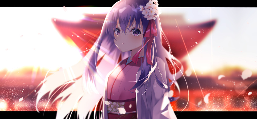 absurdres blurry blurry_background closed_mouth commentary_request depth_of_field fate/grand_order fate_(series) female floating_hair flower hair_between_eyes hair_flower hair_ornament hair_ribbon highres japanese_clothes kasuga_no_tsubone_(fate) kimono letterboxed long_hair looking_at_viewer matou_sakura obi parvati_(fate) pink_kimono purple_eyes purple_hair red_ribbon ribbon sash smile solo suisen-21 upper_body very_long_hair white_flower