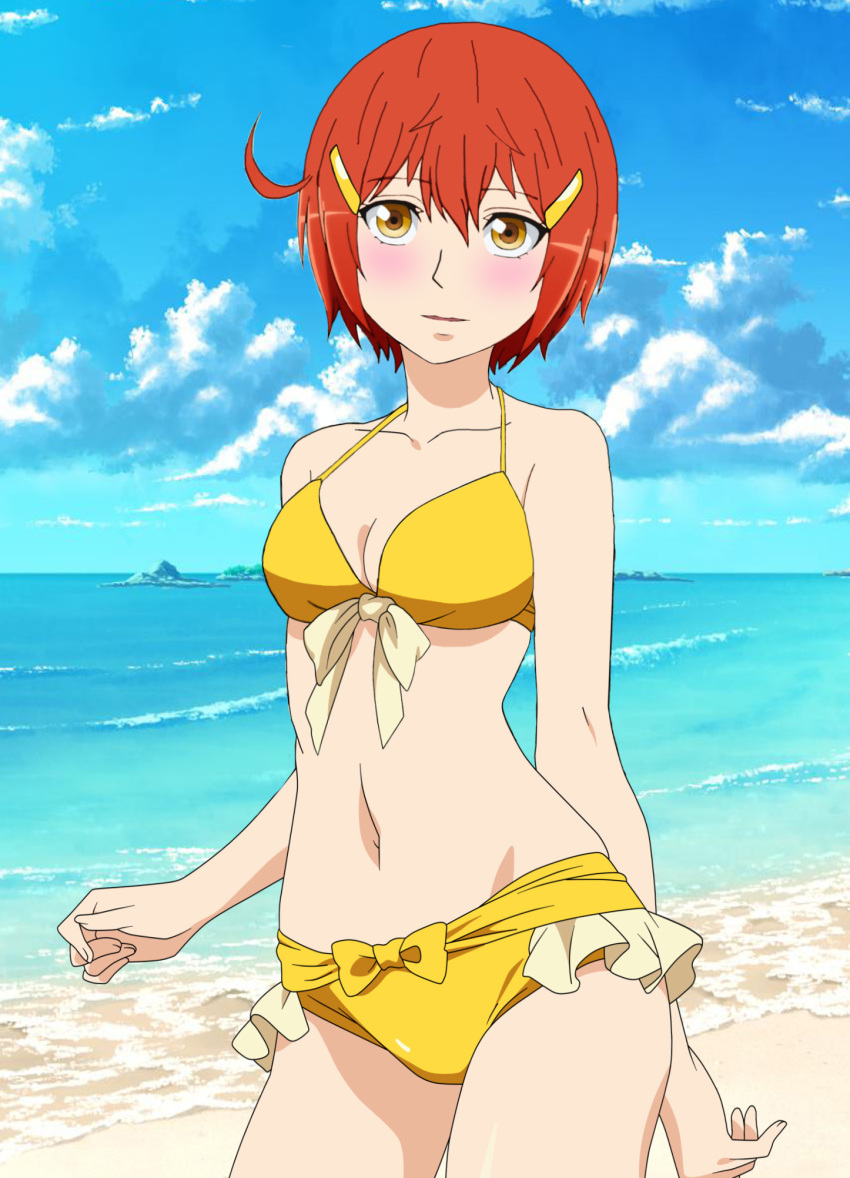 ae-3803 ahoge arm_behind_back beach bikini blush breasts female frilled_bikini frills hair_clip hataraku_saibou looking_at_viewer medium_breasts red_blood_cell red_hair ribbon short_hair standing swimsuit yellow_bikini yellow_eyes