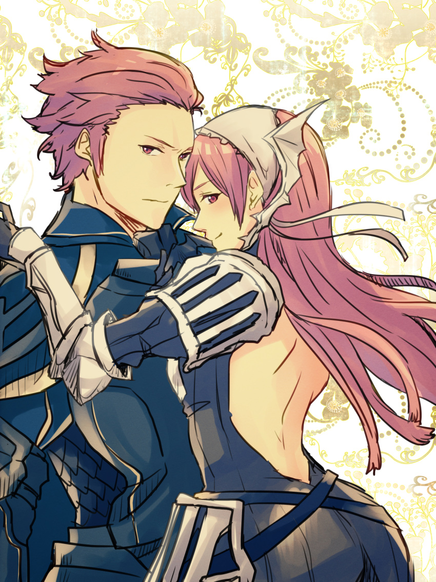 1boy armor back backless_outfit black_gloves cherche_(fire_emblem) commentary_request cowboy_shot female fire_emblem fire_emblem_awakening gauntlets gerome_(fire_emblem) gloves hair_ribbon hair_slicked_back highres hug long_hair looking_at_viewer looking_back maid_headdress mother_and_son nishimura_(shinchinagachi) patterned_background purple_eyes purple_hair ribbon scale_armor short_hair smile straight_hair winged_hair_ornament