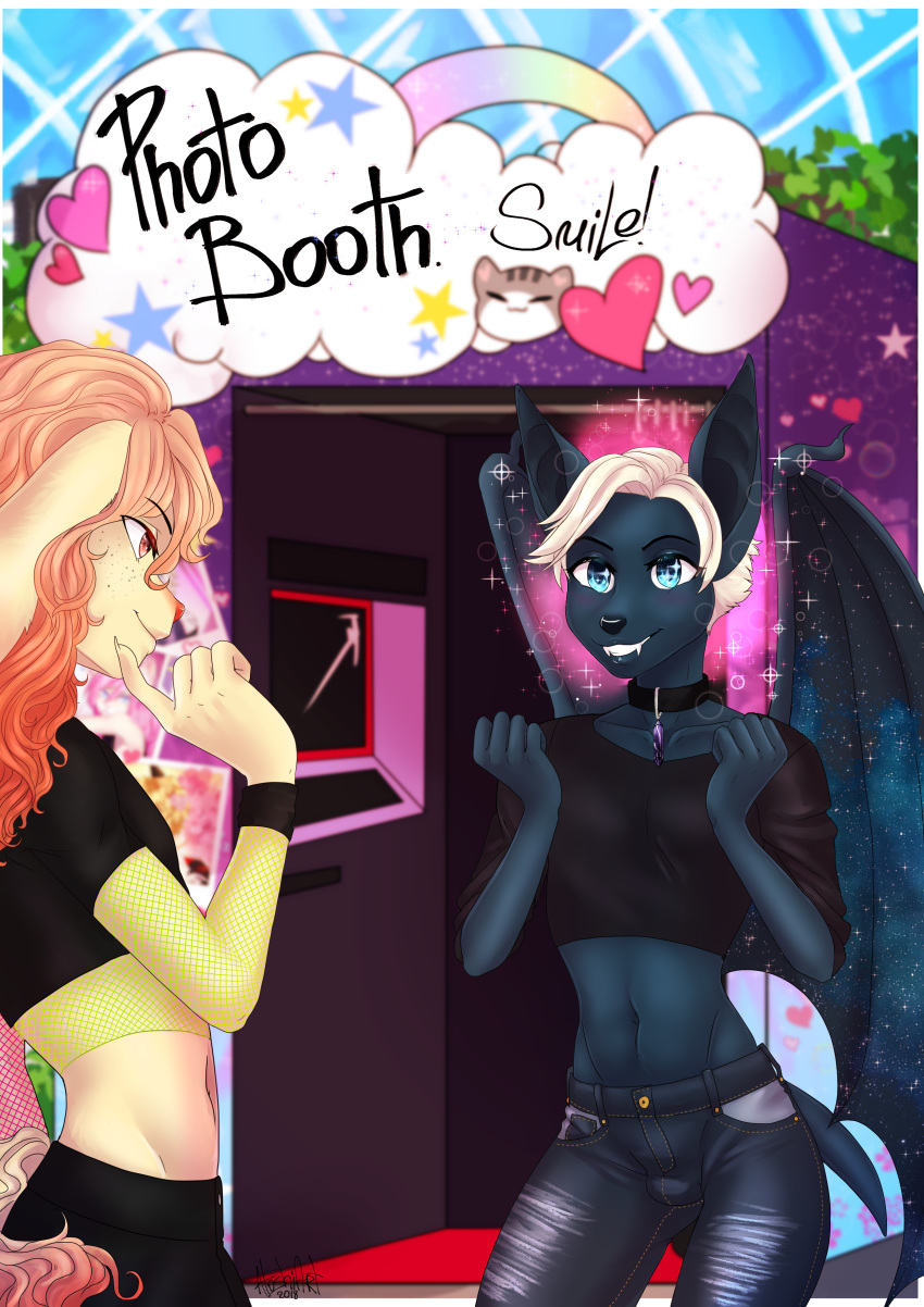 2019 5_fingers absurd_res anthro bat booth booth_(structure) canid canine clothed clothing crossdressing digital_media_(artwork) duo femboy fingers fur hair hi_res male male/male mammal mierumonaru nightswing photo_booth public smile teeth trixx_love vendor_stand