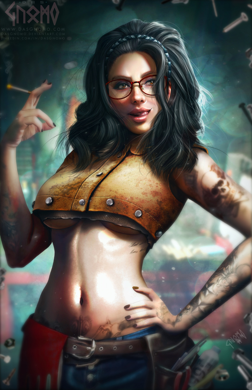 belt black_hair black_nails blurry blurry_background braid breasts brown_eyes cigarette cleavage commentary crop_top denim denim_shorts depth_of_field devil_may_cry_(series) devil_may_cry_5 dirty dirty_clothes female freckles glasses gnomo_del_bosque hand_on_own_hip highres lips medium_hair nail_polish navel nico_(devil_may_cry) nose photoshop_(medium) red-framed_eyewear screw short_shorts shorts smile solo stomach tattoo tools underboob undershirt utility_belt