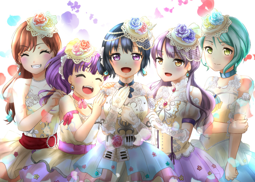 5girls aqua_flower aqua_hair aqua_rose bang_dream! blue_choker blue_flower blue_hair blue_rose blush bracelet brown_hair choker closed_eyes commentary_request dress elbow_gloves flower gem gloves green_eyes grin hair_flower hair_ornament hikawa_sayo holding_own_arm imai_lisa jewelry long_hair minato_yukina mokka_(31911633) multiple_girls open_mouth pink_flower pink_rose purple_eyes purple_flower purple_hair purple_rose red_flower red_rose rose roselia_(bang_dream!) shirokane_rinko short_hair smile udagawa_ako yellow_eyes yellow_flower yellow_rose