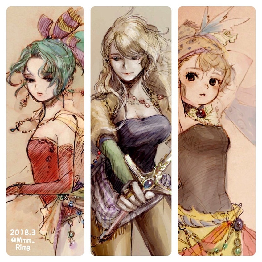 bad_id bad_twitter_id bare_shoulders blonde_hair blush breasts celes_chere cleavage commentary_request earrings final_fantasy final_fantasy_vi green_hair hat jewelry komugiko_no_mori long_hair looking_at_viewer multiple_girls open_mouth paintbrush pantyhose ponytail relm_arrowny short_hair smile sword terra_branford weapon