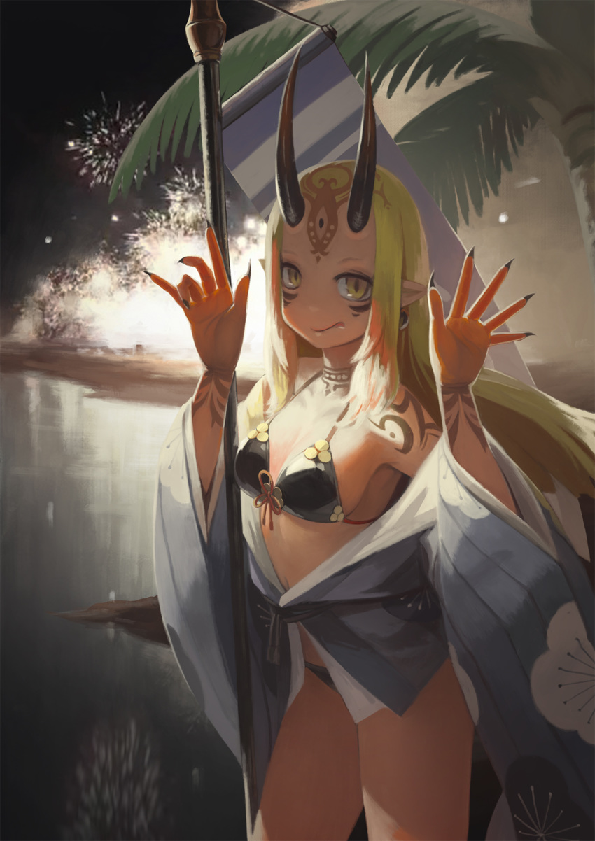 :p armpits arms_up backlighting banner bare_shoulders bikini bikini_under_clothes black_bikini black_nails blonde_hair blue_kimono breasts chinese_commentary cleavage closed_mouth collarbone commentary_request cowboy_shot earrings facial_mark fate/grand_order fate_(series) female fingernails fireworks floral_print forehead forehead_mark highres horns ibaraki_douji_(fate) ibaraki_douji_(swimsuit_lancer)_(fate) ibaraki_douji_(swimsuit_lancer)_(first_ascension)_(fate) japanese_clothes jewelry kimono long_fingernails long_hair medium_breasts multicolored_hair nail_polish night night_sky off_shoulder oni_horns open_clothes open_kimono palm_tree photoshop_(medium) plum_blossom_print pointy_ears print_kimono red_hair red_ribbon ribbon sash sharp_fingernails sidelocks sky smile solo straight_hair swimsuit thighs tongue tongue_out tree two-tone_hair very_long_hair water weien wind yellow_eyes yukata