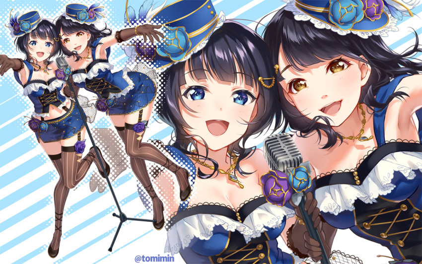 2girls :d armpits asaka_karin black_footwear black_gloves black_hair black_legwear blue_eyes blue_feathers blue_flower blue_headwear blue_shirt blue_skirt breasts brown_eyes cleavage clothing_cutout collarbone commentary_request cross-laced_clothes elbow_gloves feathers flower frilled_shirt frills garter_straps gloves hair_ornament halftone hat hat_feather hat_flower high_heels jewelry kubota_miyu lace-trimmed_gloves lace_trim leg_ribbon long_hair looking_at_viewer love_live! love_live!_nijigasaki_high_school_idol_club love_live!_school_idol_festival love_live!_school_idol_festival_all_stars md5_mismatch microphone_stand miniskirt mole mole_on_collarbone multiple_girls multiple_moles navel_cutout necklace open_mouth outstretched_hand purple_flower ribbon shirt skirt small_breasts smile standing standing_on_one_leg starlight_(love_live!) striped_clothes striped_thighhighs suspenders thighhighs tomiwo twitter_username vertical-striped_clothes vertical-striped_thighhighs voice_actor voice_actor_connection zoom_layer