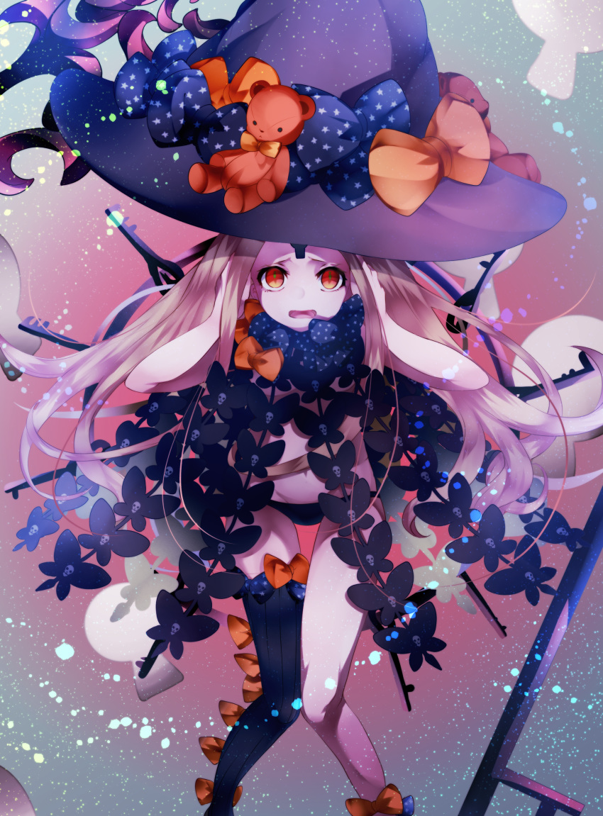 abigail_williams_(fate) abigail_williams_(second_ascension)_(fate) absurdres asymmetrical_legwear bad_id bad_pixiv_id black_bow black_hat black_panties blonde_hair blush bow commentary_request fate/grand_order fate_(series) female hat hat_bow highres keyhole long_hair multiple_bows multiple_hat_bows orange_bow panties red_eyes revealing_clothes single_thighhigh skull_print solo stuffed_animal stuffed_toy suction_cups teddy_bear thighhighs topless underwear uneven_legwear very_long_hair witch_hat yaekn