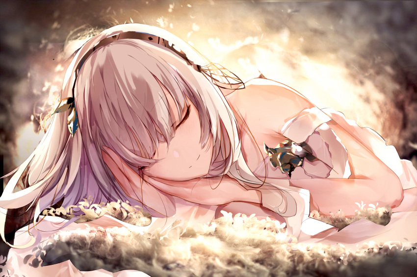 absurdres anastasia_(fate) arms_up bad_id bad_pixiv_id bare_shoulders blush brown_hairband closed_eyes closed_mouth eien_no_juu_nana-sai facing_viewer fate/grand_order fate_(series) female grey_hair hair_between_eyes hairband highres long_hair lying on_side smile solo