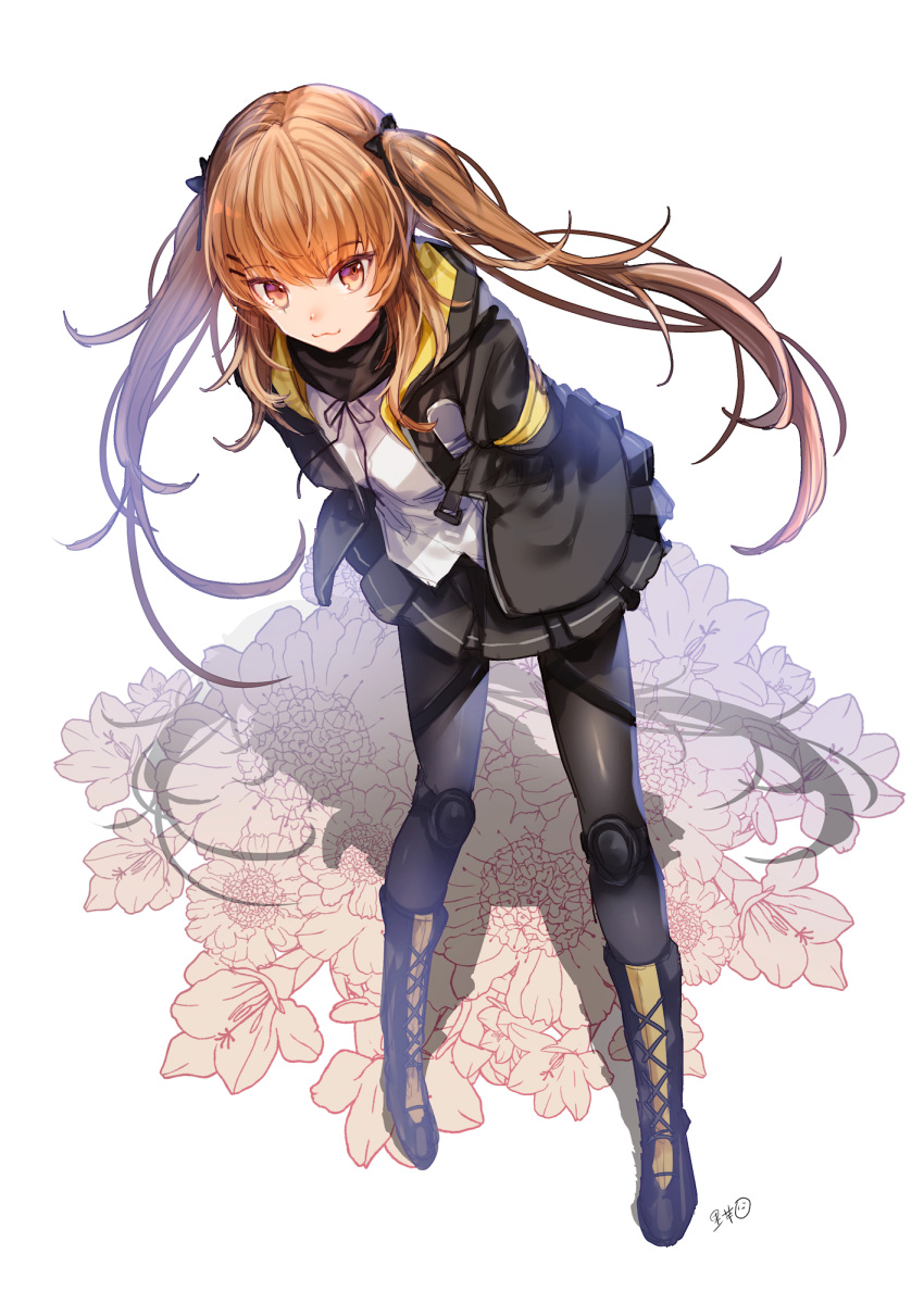 :3 armband black_footwear black_jacket black_pantyhose black_skirt boots brown_eyes brown_hair closed_mouth commentary_request female floral_background full_body girls'_frontline highres jacket knee_boots leaning_forward long_hair looking_at_viewer pantyhose satoimo_(3311_mi) shirt simple_background skirt smile solo standing twintails ump9_(girls'_frontline) white_background white_shirt yellow_armband