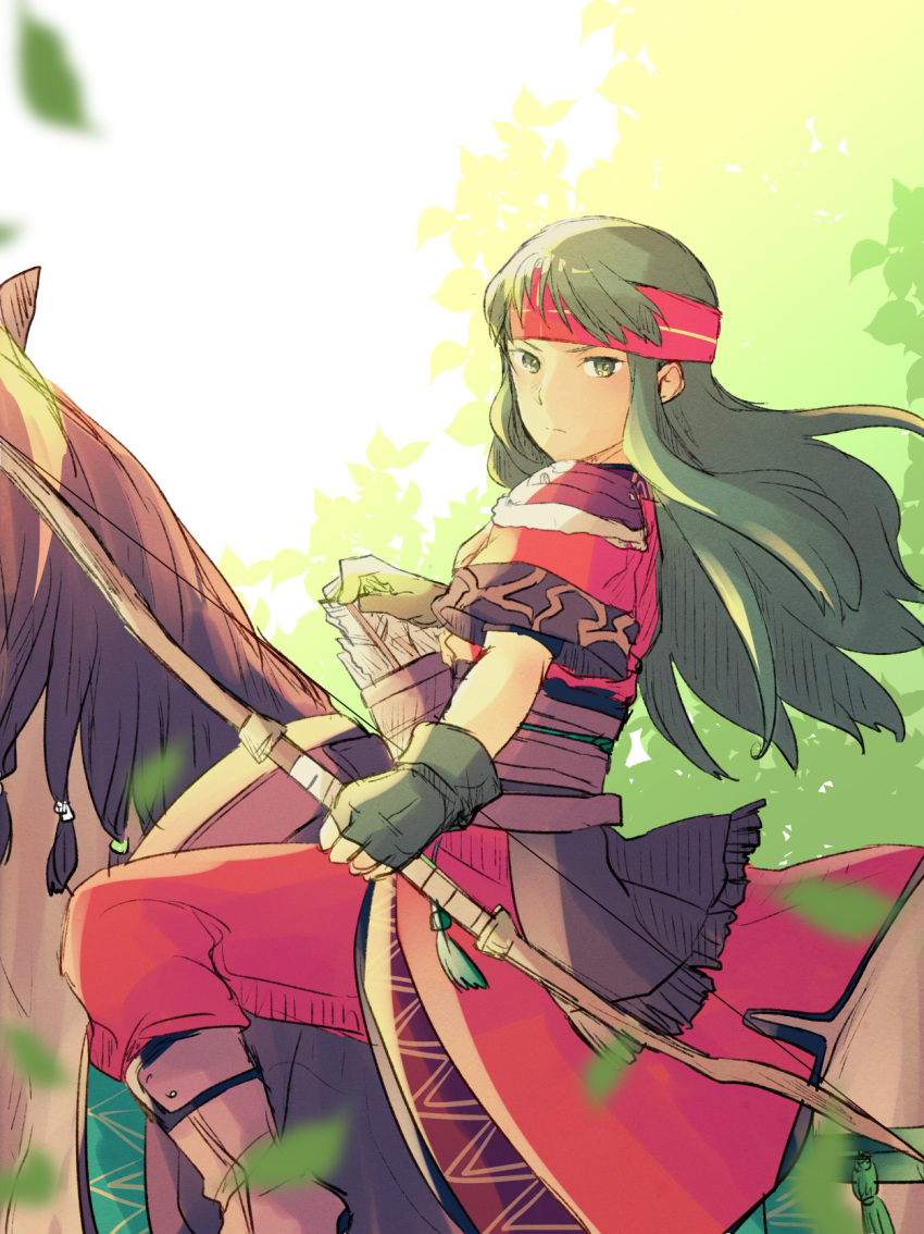 armor arrow_(projectile) bandana black_gloves boots bow_(weapon) brown_footwear commentary_request dress expressionless female fingerless_gloves fire_emblem fire_emblem:_the_binding_blade gloves green_eyes green_hair headband highres horse horseback_riding long_hair looking_at_viewer nishimura_(shinchinagachi) pants plant quiver riding sash short_sleeves shoulder_armor solo straight_hair sue_(fire_emblem) weapon