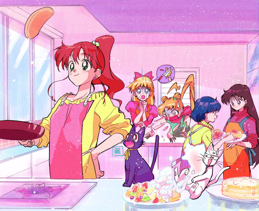 5girls @_@ aino_minako apron artemis_(sailor_moon) bishoujo_senshi_sailor_moon black_hair blonde_hair blue_eyes blue_hair bow brown_hair commentary cooking crescent crying double_bun earrings facial_mark feline flipping_food flower_earrings food forehead_mark fruit frying_pan green_eyes hair_bun hairbow highres hino_rei jewelry kino_makoto kiwi_(fruit) kiwi_slice long_hair luna_(sailor_moon) mizuno_ami multiple_girls murimajimuri open_mouth own_hands_clasped own_hands_together pancake pastry_bag plate ponytail red_eyes short_hair smile sweatdrop sweater symbol-only_commentary tears tsukino_usagi twintails whipped_cream window