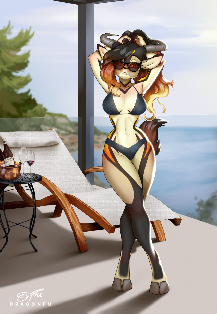 2023 antelope anthro bikini bovid breasts clothing cloven_hooves dragonfu eyewear female gazelle gradient_hair hair hi_res hooves horn long_hair mammal navel outside solo standing sunglasses swimwear tail zahra_(airheart)