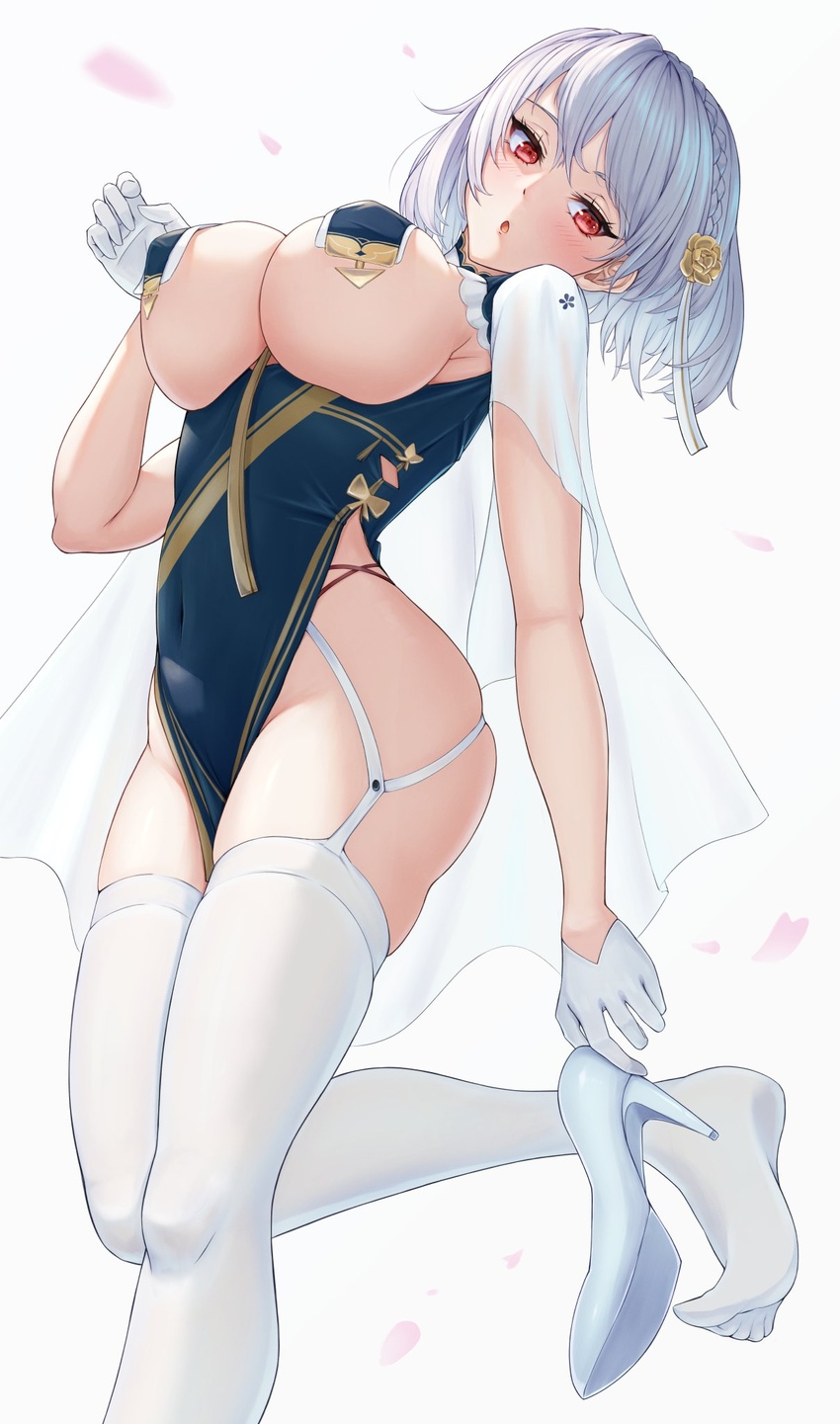 azur_lane braid breast_curtains breasts cape china_dress chinese_clothes commentary_request dress female flower garter_straps gloves hair_flower hair_ornament high_heels highres large_breasts no_shoes official_alternate_costume red_eyes removing_shoes ropi_(yyuichi29) sirius_(azur_lane) sirius_(azure_horizons)_(azur_lane) soles solo thick_thighs thighhighs thighs underboob white_gloves white_hair