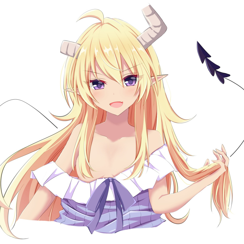 ahoge broken_horn demon_girl demon_horns demon_tail female hair_over_breasts highres horns lilith_(machikado_mazoku) long_hair mac_4229 machikado_mazoku oerba_yun_fang off_shoulder open_mouth pointy_ears purple_eyes skin_fang tail white_background