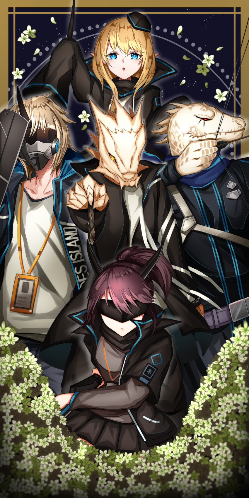 12f_(arknights) 2girls 3boys absurdres ama_natto arknights arrow_(projectile) black_horns black_jacket black_sclera black_skirt blindfold blonde_hair blue_eyes bow_(weapon) brown_hair colored_sclera drawing_bow durin_(arknights) flower furry furry_male highres holding holding_bow_(weapon) holding_weapon horns jacket lanyard lizardman mask multiple_boys multiple_girls noir_corne_(arknights) pointy_ears rangers_(arknights) red_eyes sheath sheathed shield shirt skirt sleeves_past_fingers sleeves_past_wrists slit_pupils wand weapon white_shirt yato_(arknights) yellow_sclera