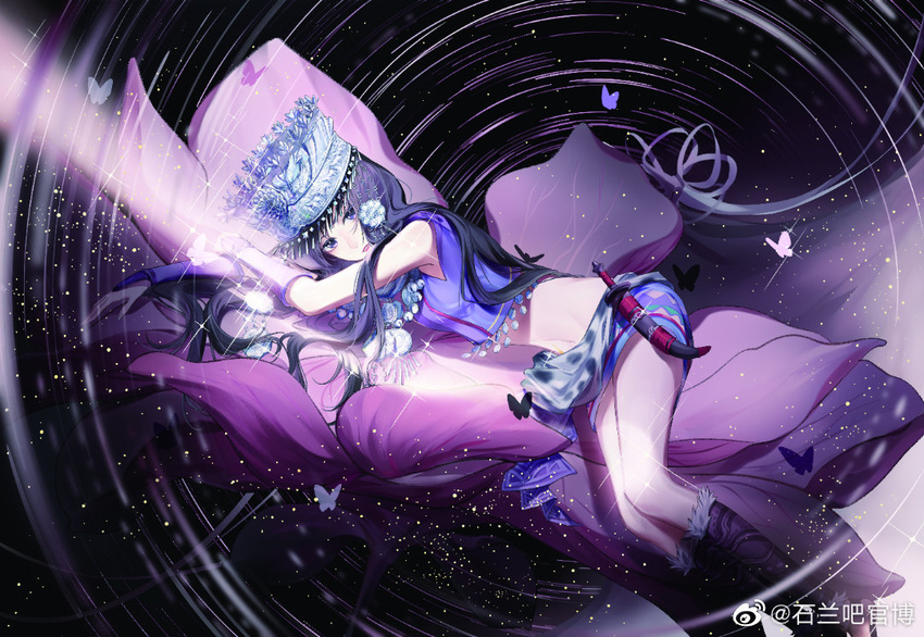 black_hair boots bug butterfly female hat knife long_hair looking_at_viewer lying on_side purple_shirt qinshi_mingyue sheath shi_lan_(qinshi_mingyue) shi_lan_ba_guan_bo shirt solo sparkle