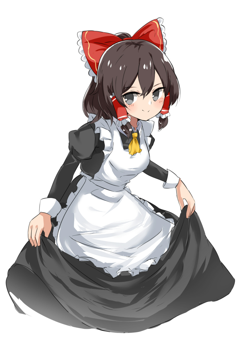 alternate_costume apron ascot black_dress black_eyes blush bow breasts brown_hair closed_mouth commentary cookie_(touhou) cowboy_shot cropped_legs curtsey dress enmaided female frilled_bow frilled_hair_tubes frills hair_between_eyes hair_tubes hairbow hakurei_reimu highres juliet_sleeves long_sleeves looking_at_viewer maid maru_(cookie) medium_breasts medium_hair puffy_sleeves red_bow simple_background skirt_hold smile solo touhou white_apron white_background yellow_ascot yumekamaborosh