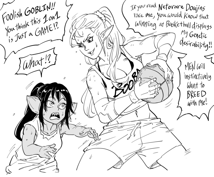 2girls bad_id ball basketball basketball_(object) basketball_uniform bb_(baalbuddy) booba_(meme) breasts cleavage clothes_writing commentary dark-skinned_female dark_skin elf english_commentary english_text female_goblin goblin greyscale highres holding holding_ball inactive_account large_breasts legs_apart meme monochrome multiple_girls open_mouth original pointy_ears ponytail sharp_teeth shirt shorts simple_background smile sportswear standing sweat teeth white_background wide-eyed