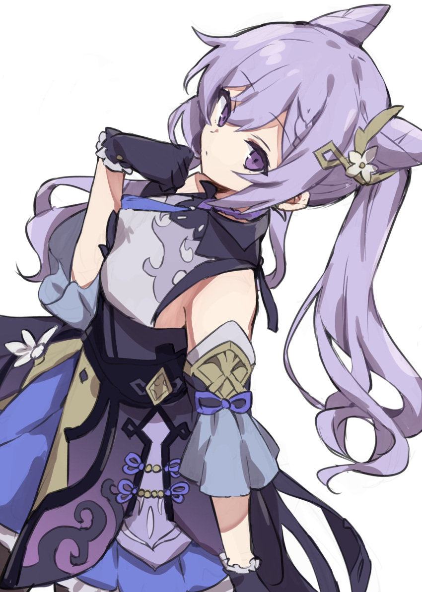 bad_id bad_twitter_id black_gloves breasts closed_mouth cone_hair_bun detached_sleeves dress female freenote_mr genshin_impact gloves hair_bun hair_ornament highres keqing_(genshin_impact) long_hair medium_breasts purple_dress purple_eyes purple_hair simple_background solo twintails white_background