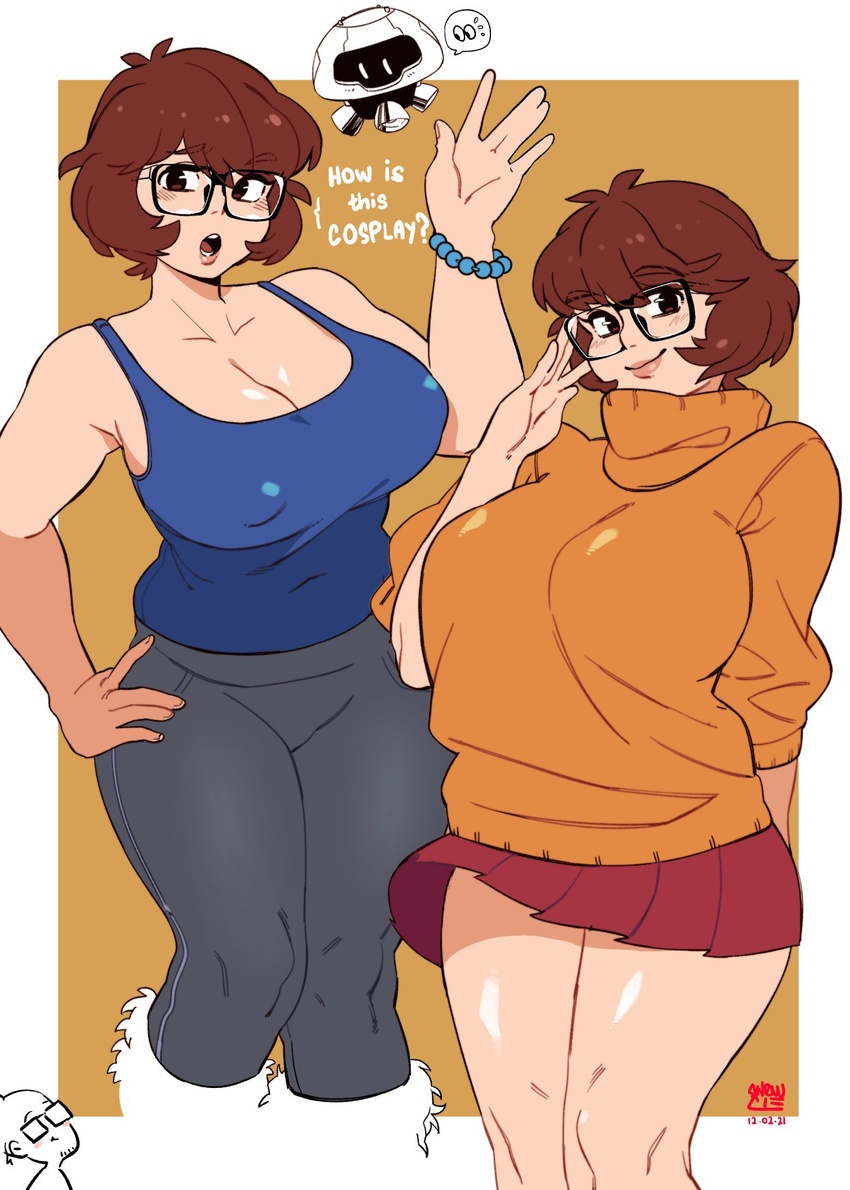 1boy artist_self-insert breasts brown_hair cleavage commentary cosplay covered_navel covered_nipples english_commentary english_text female glasses highres large_breasts look-alike looking_down mei_(overwatch) mei_(overwatch)_(cosplay) miniskirt multiple_views orange_sweater original overwatch overwatch_1 plump red_skirt robot scooby-doo short_hair skirt snowball_(overwatch) snowcie snowciel_(snowcie) sweater tank_top velma_dace_dinkley velma_dace_dinkley_(cosplay) waving wind wind_lift