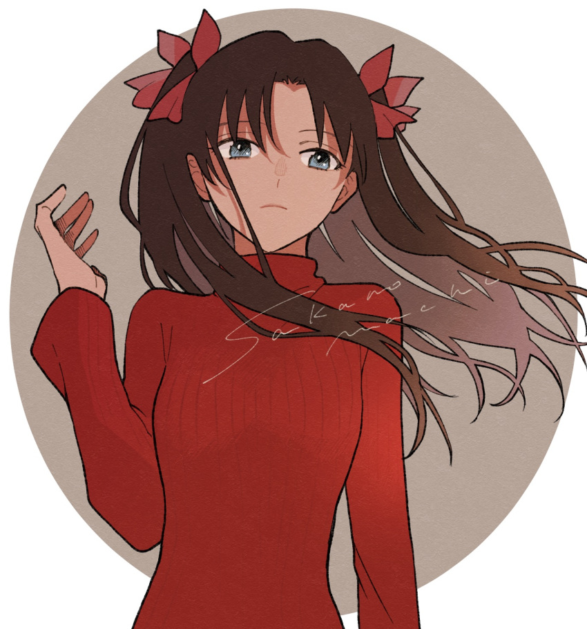 artist_name bad_id bad_pixiv_id blue_eyes blush bow brown_hair closed_mouth commentary_request fate/stay_night fate_(series) female floating_hair frown grey_background hair_ribbon hairbow hand_up highres long_hair long_sleeves looking_at_viewer parted_bangs ribbon sakanomachico solo sweater tohsaka_rin turtleneck two_side_up upper_body white_background