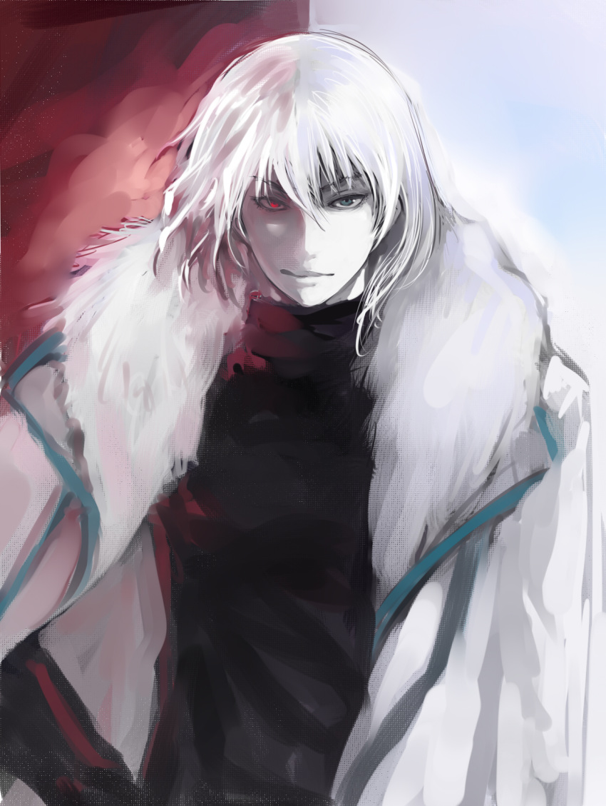 1boy blush castlevania:_aria_of_sorrow castlevania_(series) closed_mouth coat dual_persona fur-trimmed_coat fur_trim highres johan_(johan13) male_focus painterly painttool_sai_(medium) red_eyes smile solo soma_cruz turtleneck upper_body white_coat white_hair