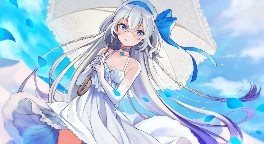 bare_shoulders blue_eyes blue_oath braid breasts choker cloud collarbone cowboy_shot day dress elbow_gloves female gloves grey_hair hair_ribbon highres holding jervis_(blue_oath) long_dress long_hair looking_at_viewer outdoors petals pixiv_jimukyoku ribbon sky sleeveless sleeveless_dress small_breasts smile solo spaghetti_strap standing twin_braids umbrella very_long_hair white_choker white_dress white_gloves