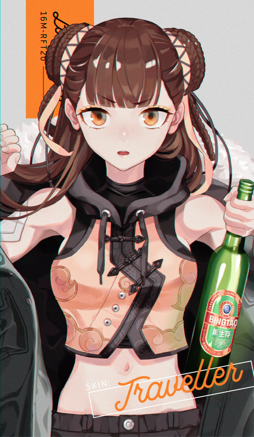 3shine_02 absurdres bare_shoulders black_pants black_survival bottle braid braided_bun breasts brown_hair crop_top double_bun eternal_return:_black_survival female grey_background hair_bun hands_up highres holding holding_bottle li_dailin long_hair looking_at_viewer midriff navel open_mouth orange_eyes orange_shirt pants shirt sleeveless sleeveless_shirt small_breasts soju solo straight-on teeth upper_body upper_teeth_only yellow_eyes