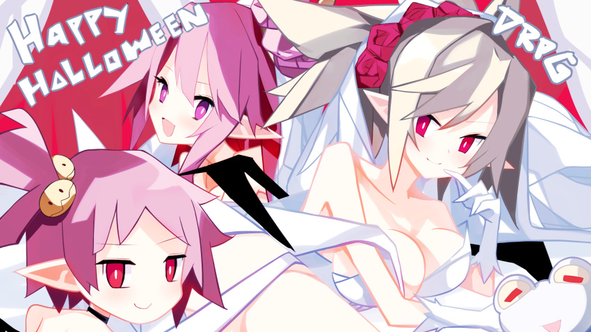 1boy 3girls :d blush breasts bride cleavage commentary demon_girl disgaea disgaea_rpg dress flower frog grey_hair hair_flower hair_ornament halloween hanako_(disgaea) highres large_breasts looking_at_viewer makai_senki_disgaea_2 makai_senki_disgaea_5 multiple_girls nanozenzen pink_eyes pink_hair pointy_ears red_eyes red_flower red_rose rose rozalin seraphina_(disgaea) smile tink_(disgaea) wedding_dress white_dress