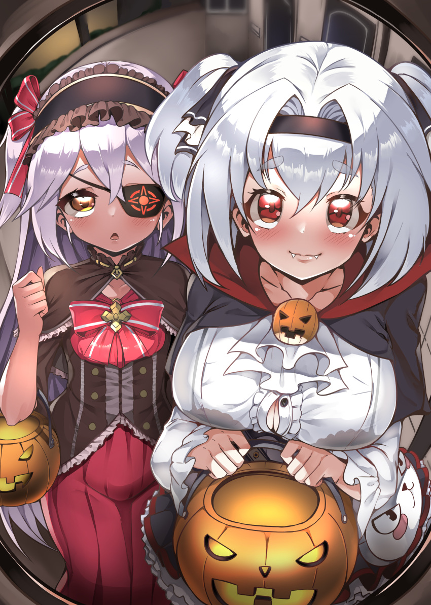 2girls absurdres alvis_(last_origin) blush breasts eyepatch fangs fisheye gothic_lolita hair_between_eyes hair_intakes hairband halloween halloween_bucket highres last_origin lolita_fashion lolita_hairband looking_at_viewer lrl_(last_origin) multiple_girls official_alternate_costume oppai_loli pov pov_peephole red_eyes smile twintails white_hair yellow_eyes yume_no_hana_(sbac0019)