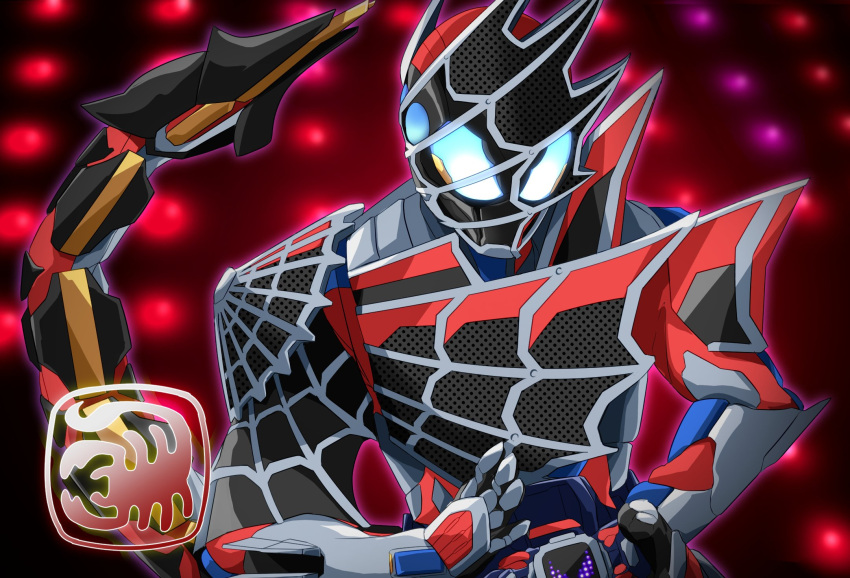 1boy armor asymmetrical_armor blue_eyes dark_foreground demons_driver driver_(kamen_rider) finish_line gloves glowing highres kamen_rider kamen_rider_demons kamen_rider_revice male_focus miyabi_(037) purple_eyes rider_belt scorpion scorpion_genome scorpion_tail silk spider_web spider_web_print tail tokusatsu upper_body