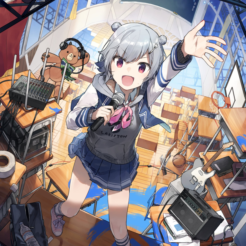 amplifier arm_up bag basket basketball_hoop blue_skirt bottle broom cable cevio chair chalkboard collared_shirt double_bun female foot_out_of_frame grey_hair grey_hoodie guitar hair_bun hair_ornament hairclip headphones highres hitogome holding holding_microphone hood hoodie instrument jacket kneehighs koharu_rikka long_sleeves looking_at_viewer microphone notebook open_clothes open_jacket open_mouth paint_splatter pleated_skirt purple_eyes school_bag school_chair second-party_source shirt shoes short_hair skirt smile sneakers socks solo soundboard standing stuffed_animal stuffed_toy synthesizer_v table tape teddy_bear water_bottle white_shirt