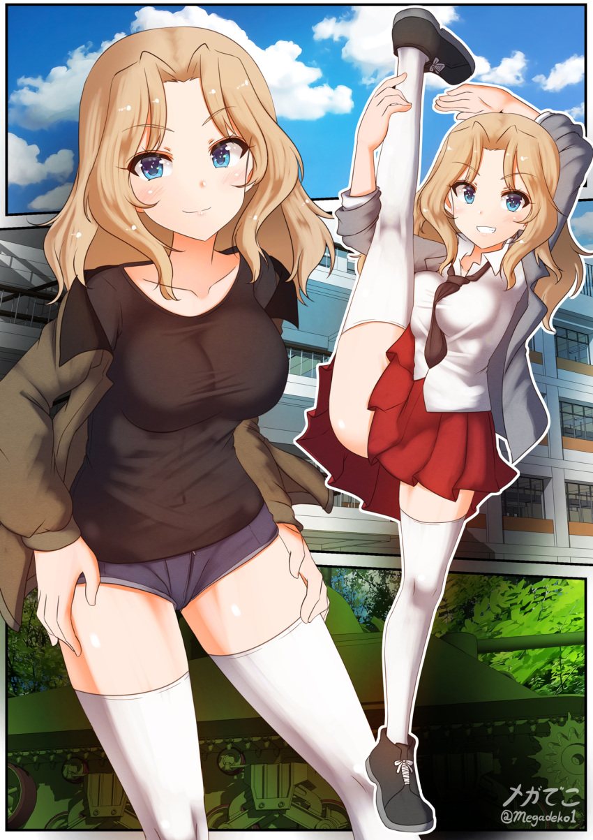 aquaegg arms_up artist_name black_shirt blonde_hair blouse blue_eyes blue_footwear blue_shorts blue_sky building closed_mouth cloud cloudy_sky collared_blouse commentary cutoffs day denim denim_shorts eyebrows_visible_through_hair female girls_und_panzer grin ground_vehicle hair_intakes hands_on_hips highres jacket kay_(girls_und_panzer) leg_hold leg_up long_hair looking_at_viewer m4_sherman military military_vehicle motor_vehicle multiple_views off_shoulder open_clothes open_jacket outdoors outline outside_border saunders_military_uniform saunders_school_uniform school_uniform shirt shoes short_shorts shorts signature sky sleeves_rolled_up smile sneakers split standing standing_on_one_leg standing_split tank thighhighs twitter_username white_blouse white_legwear white_outline