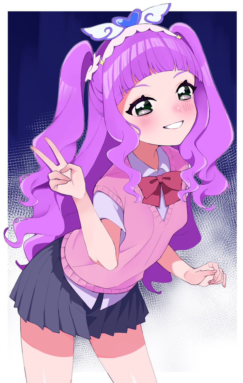 blush bow commentary_request cure_majesty ellee-chan eyelashes female hair_ornament happy highres hirogaru_sky!_precure long_hair looking_at_viewer magical_girl p396vx precure purple_hair school_uniform skirt smile solo standing v