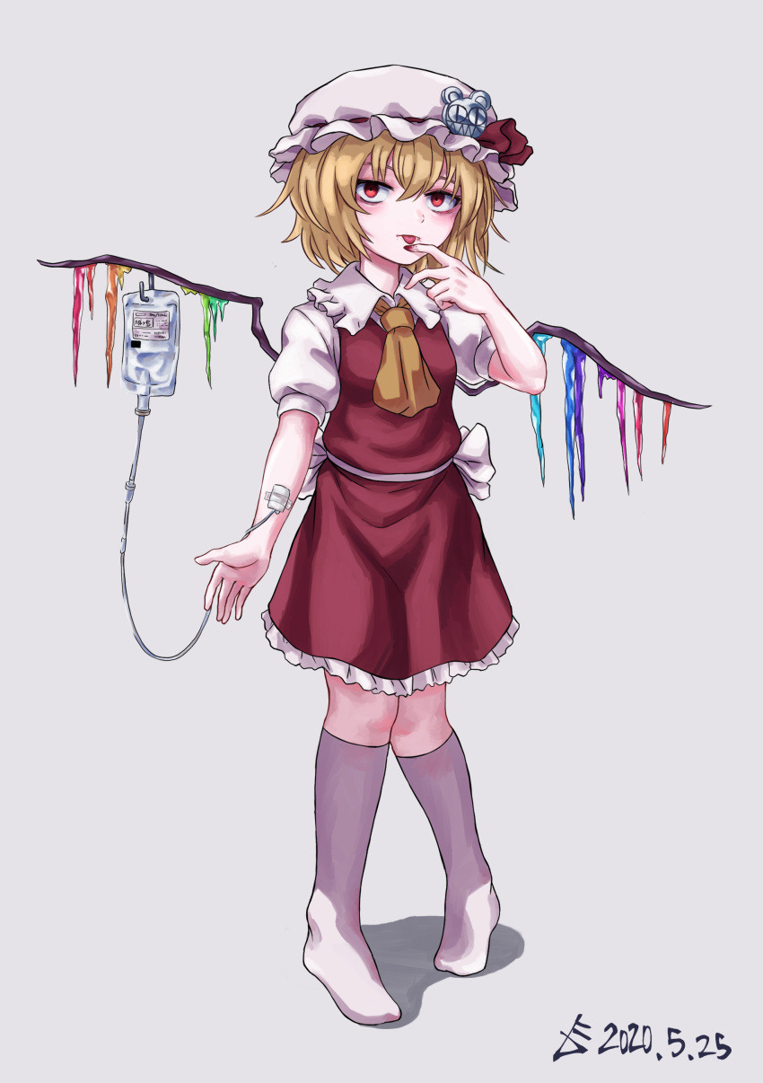 :p absurdres ascot back_bow blonde_hair bow breasts collared_shirt commentary_request crystal dated female flandre_scarlet frilled_shirt frilled_shirt_collar frilled_skirt frills full_body grey_background hair_between_eyes hat hat_ribbon highres intravenous_drip kneehighs looking_at_viewer mob_cap multicolored_wings no_shoes pigeon-toed puffy_short_sleeves puffy_sleeves radiohead_(band) red_bow red_eyes red_ribbon red_skirt red_vest ribbon shirt short_hair short_sleeves simple_background skirt small_breasts socks solo standing tongue tongue_out touhou vest white_bow white_shirt white_socks wings yellow_ascot yonoisan