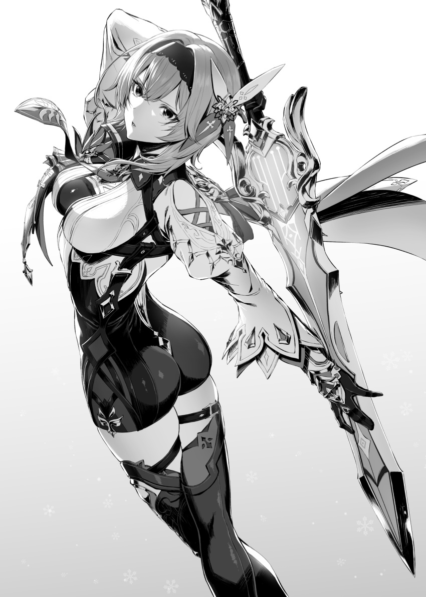 arm_behind_head ass bodysuit breasts bug butterfly clothing_cutout commentary_request eula_(genshin_impact) female from_behind genshin_impact gloves greyscale hair_between_eyes hairband highres holding holding_sword holding_weapon large_breasts long_hair long_sleeves looking_at_viewer looking_back monochrome mugetsu2501 necktie parted_lips short_shorts shorts shoulder_cutout solo song_of_broken_pines_(genshin_impact) sword thigh_strap thighhighs weapon white_background wide_sleeves