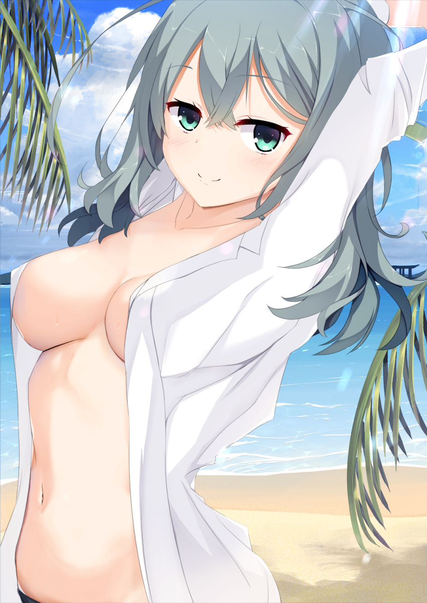 aqua_eyes aqua_hair arms_up beach blush breasts closed_mouth collarbone commentary covered_nipples crossed_bangs day double-parted_bangs eyelashes female hair_between_eyes highres lab_coat large_breasts leaning_back long_hair long_sleeves looking_at_viewer naked_labcoat navel no_bra ocean okaeru outdoors palm_leaf riddle_joker shikibe_mayu smile solo stomach sunlight sweat upper_body wavy_hair