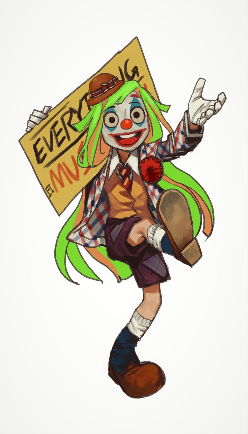 :d arthur_fleck batman_(series) black_eyes boots brown_footwear brown_vest clown dc_comics facepaint female full_body genderswap_(mtf) gloves green_hair hat highres holding holding_sign jacket joker_(2019) long_hair looking_at_viewer mossacannibalis multicolored_hair necktie open_clothes open_jacket orange_hair purple_shorts red_necktie rule_63 shorts sign simple_background smile solo standing standing_on_one_leg teeth two-tone_hair upper_teeth_only very_long_hair vest white_background white_gloves