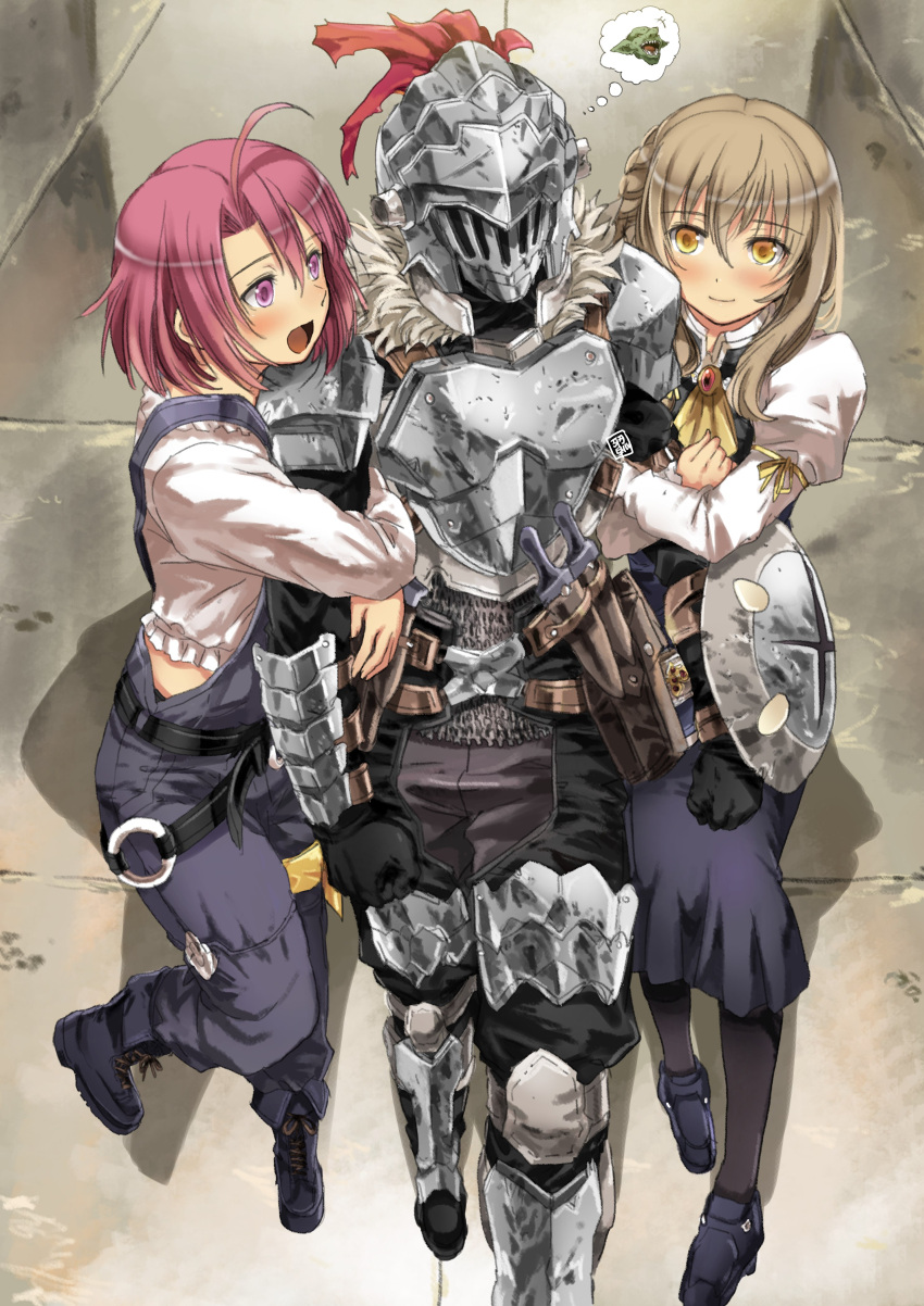 1boy 2girls absurdres ahoge arm_grab arm_hug armor armored_boots blonde_hair boots braid breastplate brown_hair buckler commentary_request cow_girl_(goblin_slayer!) full_armor garimpeiro gauntlets girl_sandwich gloves goblin goblin_slayer goblin_slayer! guild_girl_(goblin_slayer!) hair_over_shoulder helm helmet highres knight medium_hair multiple_girls overalls pink_eyes pink_hair sandwiched shield shoulder_armor single_braid thought_bubble visor_(armor)