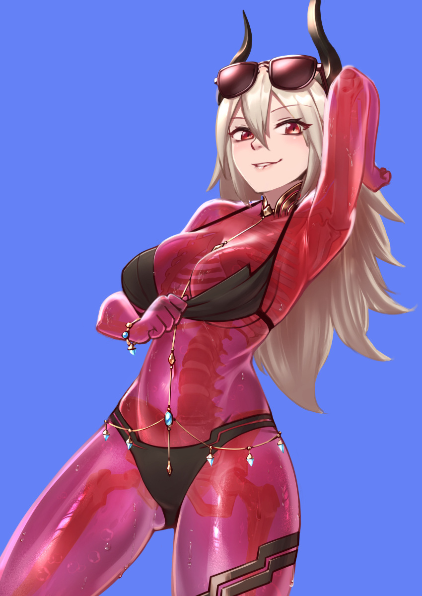 absurdres alternate_costume arm_up armpits azuuart bikini biting_own_lip black_bikini blue_background blush bone breasts commission eyewear_on_head female fire_emblem fire_emblem_heroes grey_hair hair_between_eyes highres horns lips long_hair looking_at_viewer pink_lips presenting_armpit red_eyes see-through_body simple_background skeleton solo sunglasses swimsuit thrasir_(fire_emblem)